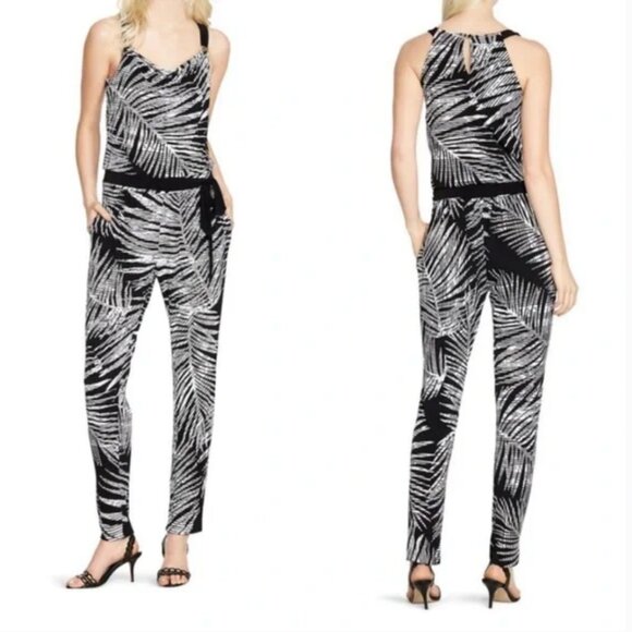 white house black market palm print black and white jumpsuit - Picture 1 of 11